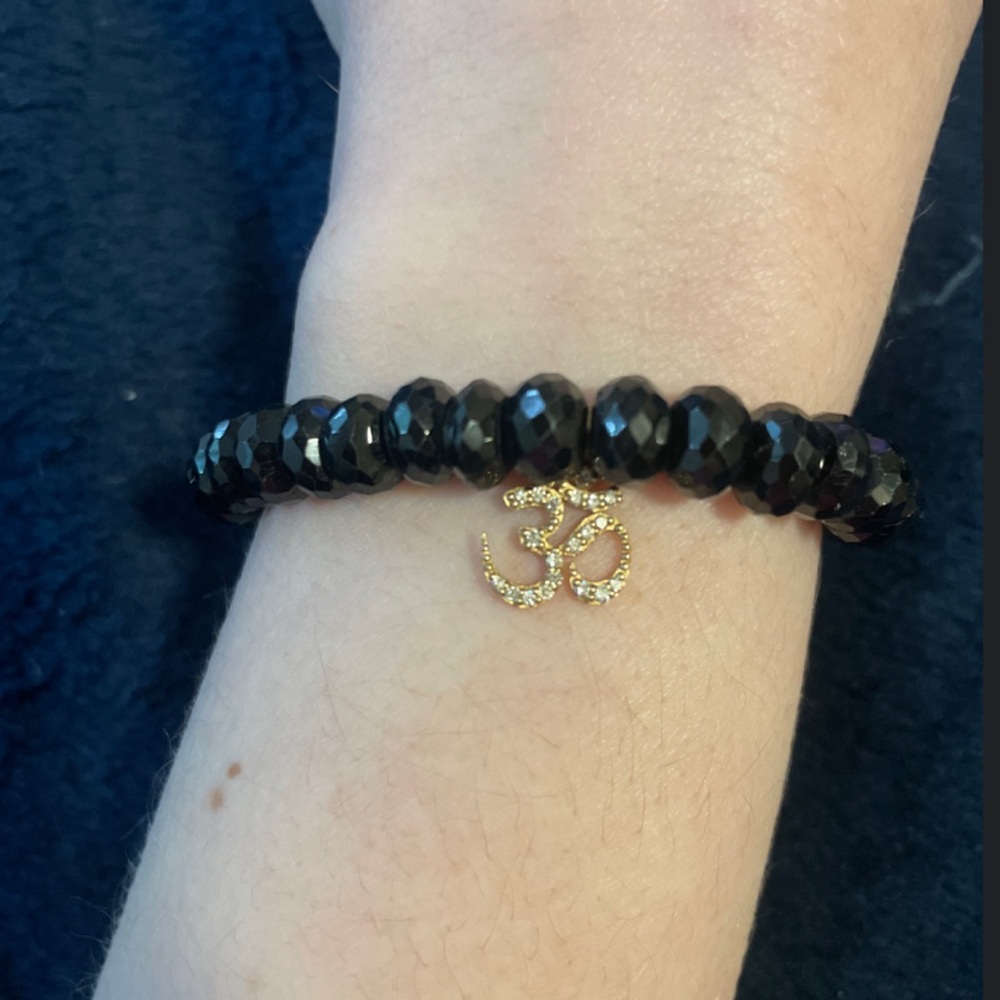 Sydney Evan- Black Beaded Bracelet with Gold Om Charm